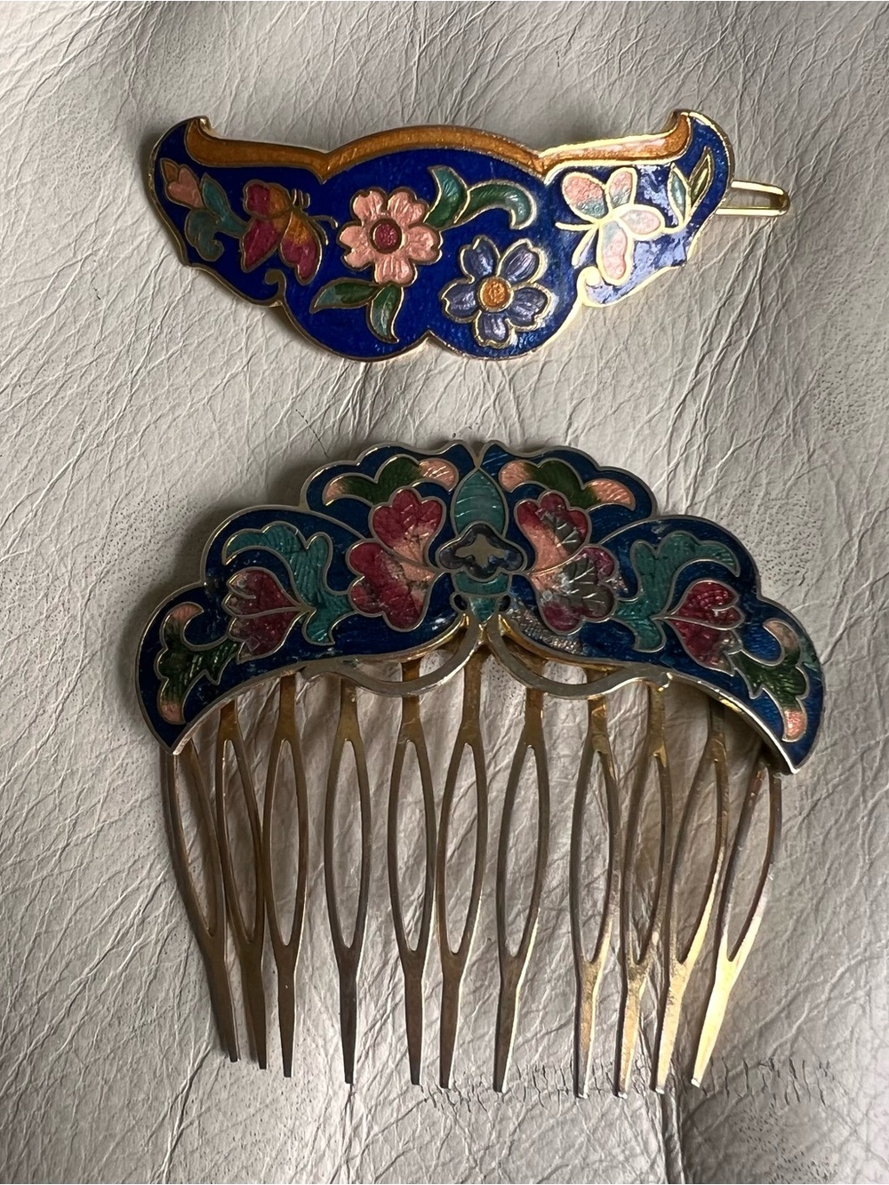 Vintage Cloisonńe Floral Enamel Hair Comb and Clip Barette